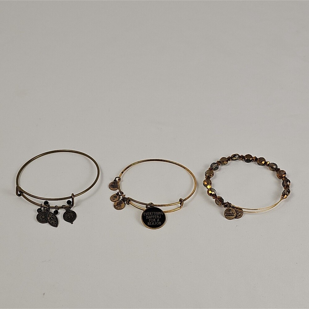 Alex and Ani Lot of 3 Expandable Bangle Bracelets Beads Charms Gold Tone